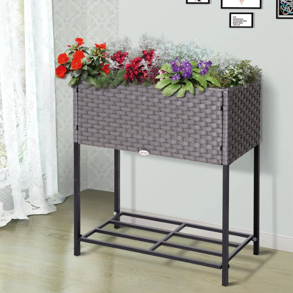 Fioriera in Metallo e Polietilene Effetto Vimini 70x30x72 cm  Grigio - Image 2