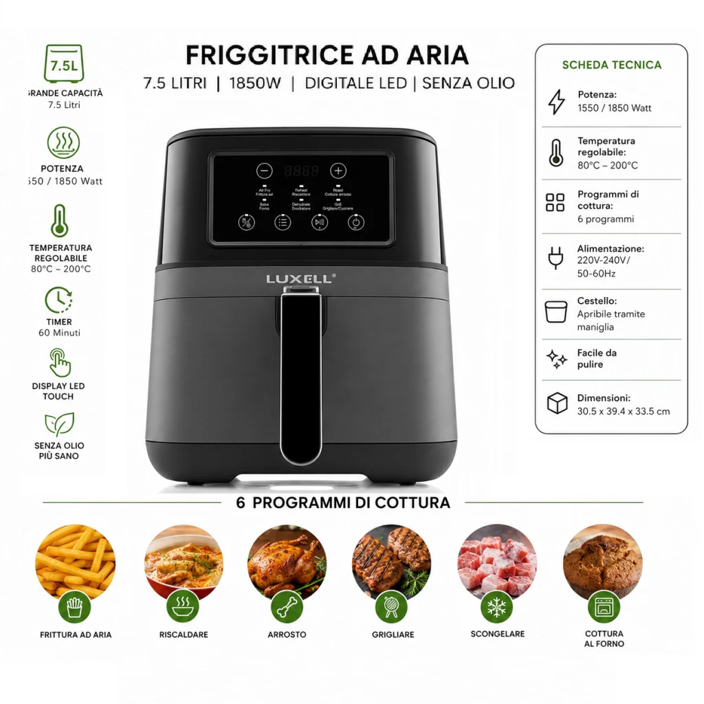 Friggitrice ad Aria 7.5 Litri 1850W Digitale Led 6 Programmi Senza Olio Nero - Image 4