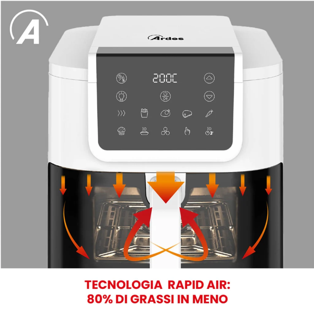 Friggitrice ad aria multifunzione Infinity capacità 8 litri display digitale 10 programmi finestra con luce interna potenza 1700 watt bianco Ardes - Image 5