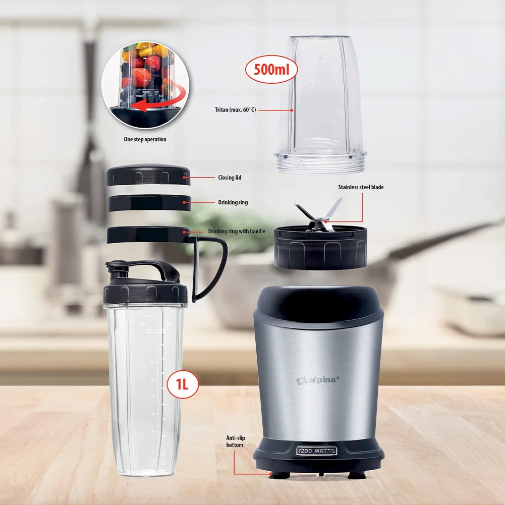 Frullatore Acciaio Inossidabile Smoothie Blender con Caraffa da Asporto 1200W - Image 4