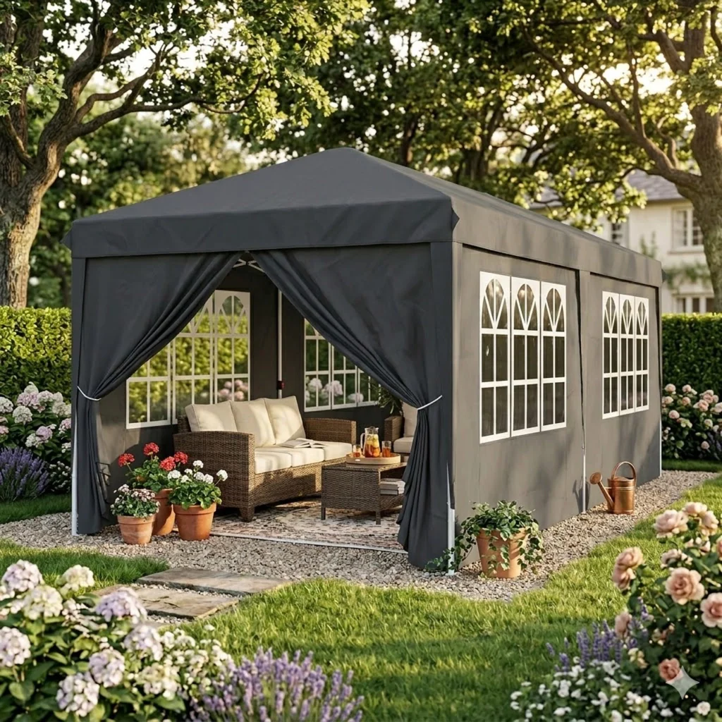Gazebo Pieghevole 3x6 Metri Con Pareti Laterali E Finestre Impermeabile Altezza Regolabile Struttura In Metallo Nero - Image 2