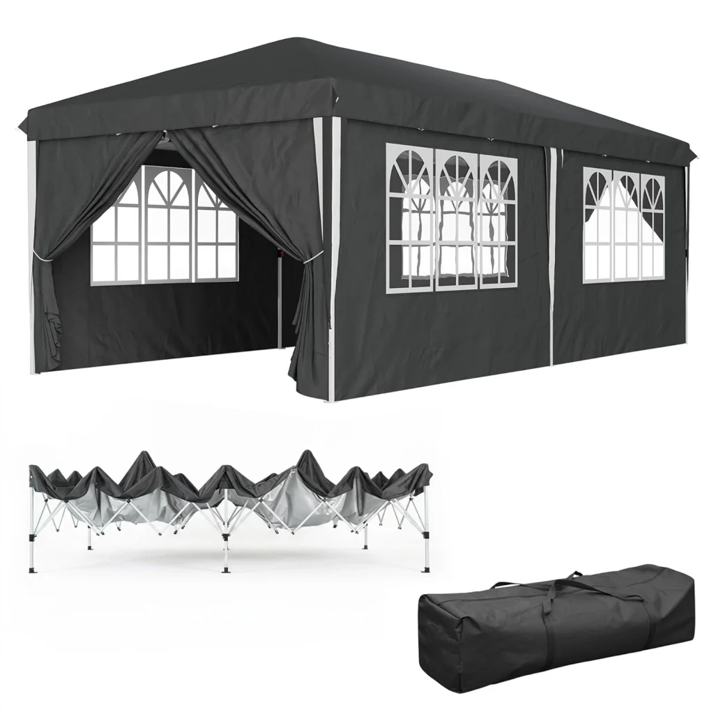 Gazebo Pieghevole 3x6 Metri Con Pareti Laterali E Finestre Impermeabile Altezza Regolabile Struttura In Metallo Nero - Image 3