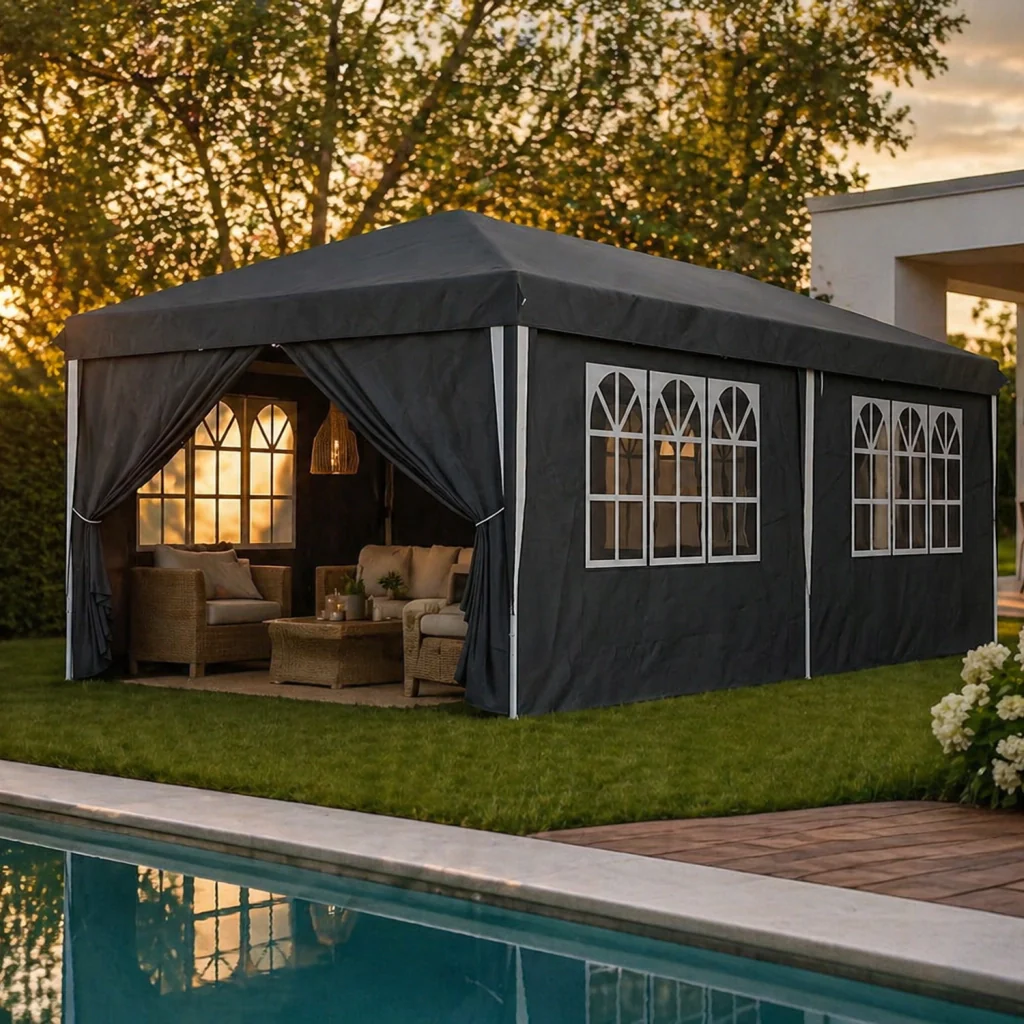 Gazebo Pieghevole 3x6 Metri Con Pareti Laterali E Finestre Impermeabile Altezza Regolabile Struttura In Metallo Nero - Image 4