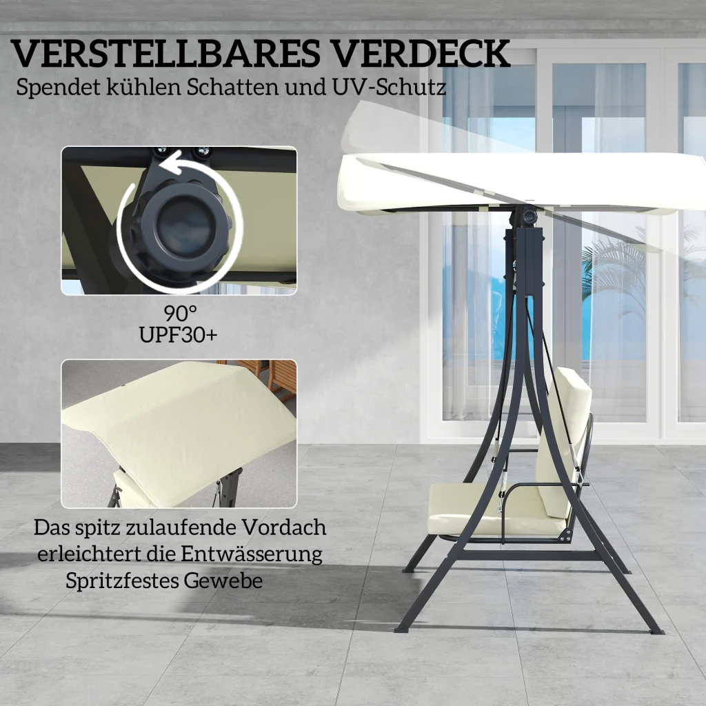 Hollywood Swing con cuscino solare regolabile per il sedile a baldacchino biposto fino a 220kg 150x120x182cm crema - Image 4