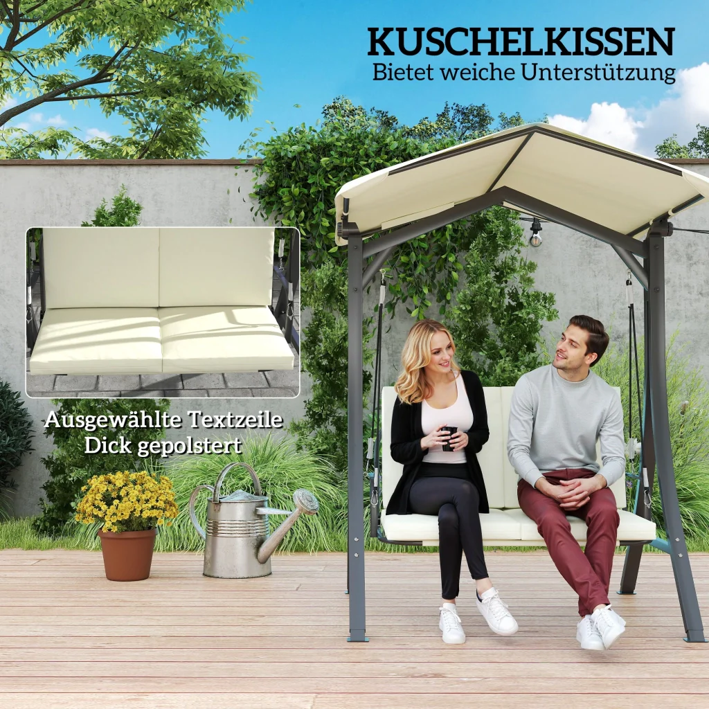 Hollywood Swing con cuscino solare regolabile per il sedile a baldacchino biposto fino a 220kg 150x120x182cm crema - Image 5