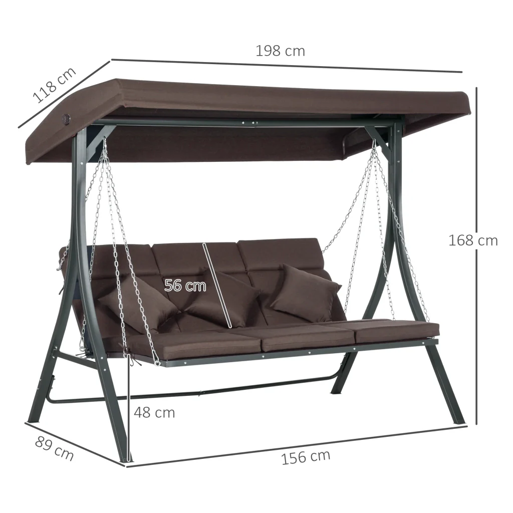 Hollywood Swing per 3 persone tende sole regolabile fino a 270 kg marrone 198 x 118 x 168 cm - Image 3