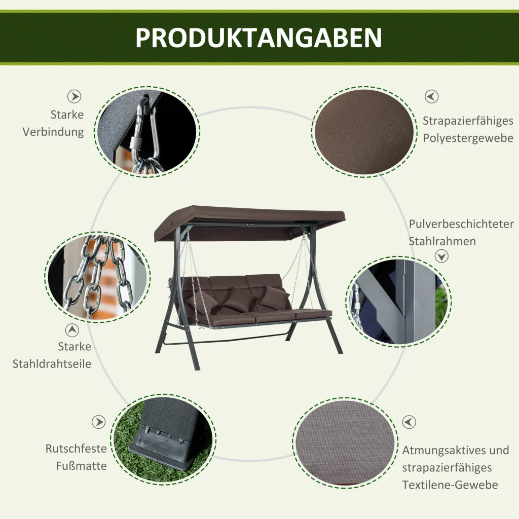 Hollywood Swing per 3 persone tende sole regolabile fino a 270 kg marrone 198 x 118 x 168 cm - Image 6