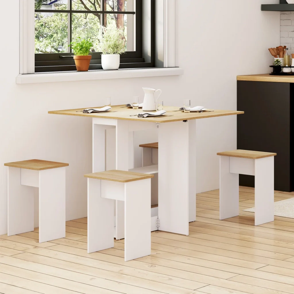 IDMarket - EDI Consolle pieghevole per 2-4 persone in legno bianco con piano in faggio e 4 sgabelli - Image 5