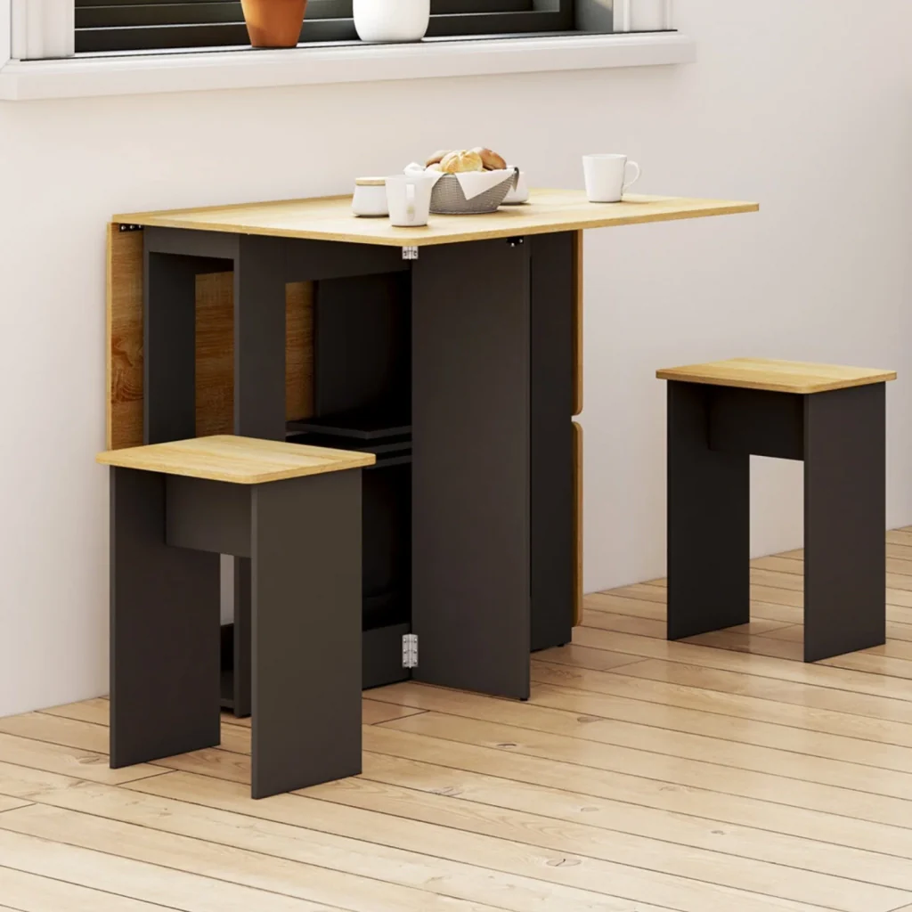 IDMarket - EDI Consolle pieghevole per 2-4 persone in legno nero con piano in faggio e 4 sgabelli - Image 2