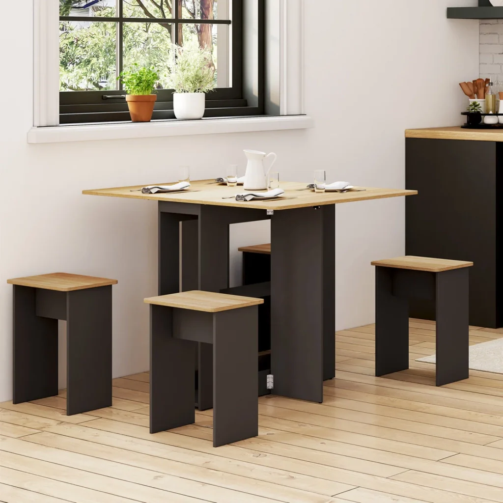 IDMarket - EDI Consolle pieghevole per 2-4 persone in legno nero con piano in faggio e 4 sgabelli - Image 5