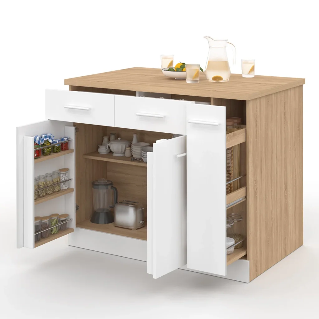 IDMarket - Isola centrale ALTO con ante, contenitori, cassetti, cassettoni e piano di lavoro in faggio e bianco