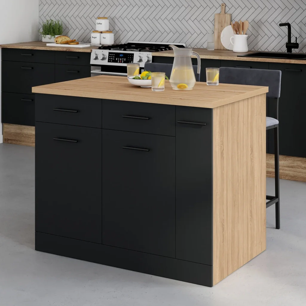 IDMarket - Isola centrale ALTO con ante, contenitori, cassetti, cassettoni e piano di lavoro in faggio ed effetto nero - Image 5