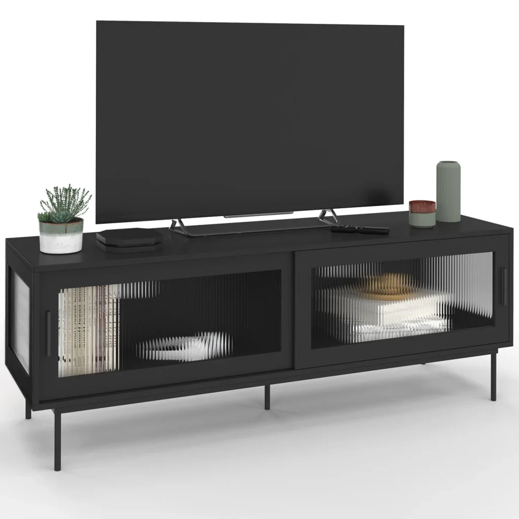 IDMarket - Mobile TV ZINEB 140 cm, 2 ante scorrevoli in vetro, frontale nero scanalato