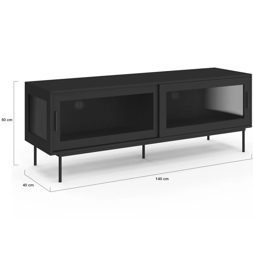 IDMarket - Mobile TV ZINEB 140 cm, 2 ante scorrevoli in vetro, frontale nero scanalato - Image 5