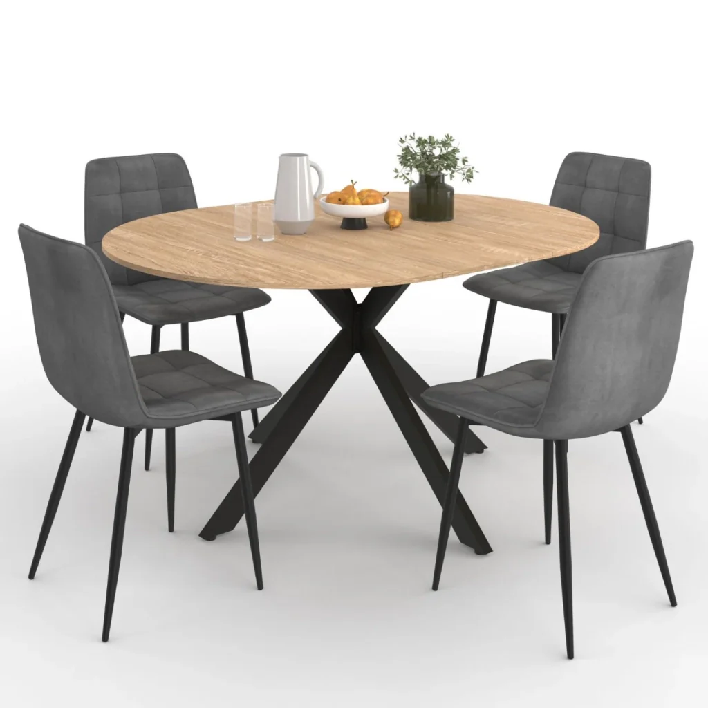 IDMarket - Tavolo da pranzo rotondo allungabile ALIX 110 - 150 cm e 4 sedie MILA in velluto grigio scuro