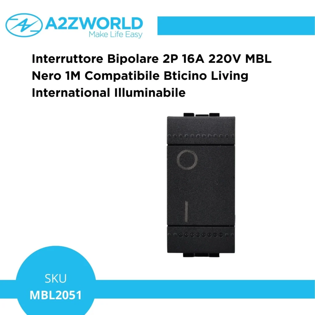 Interruttore Bipolare 2P 16A 220V MBL Nero 1M Compatibile Bticino Living International Illuminabile BLN0402 - Image 5