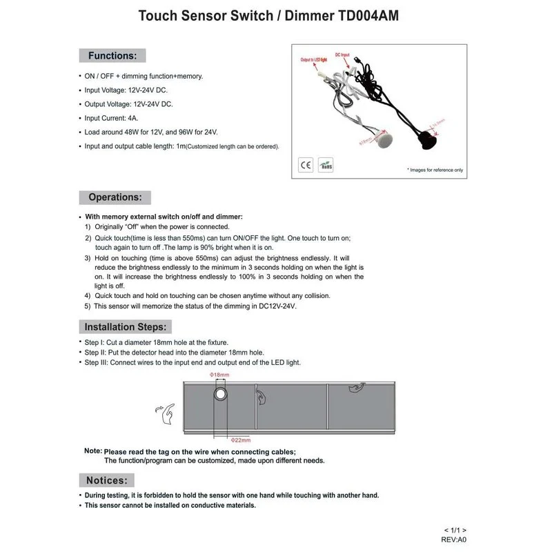 Interruttore LED Dimmer Touch Da Incasso 12V 24V 4A Con Cavo DC JACK 5.5x2.1mm Controllo Regolazione dell'Illuminazione con Funzione di Memoria Nero - Image 4
