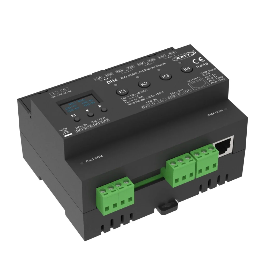 Interruttore Relè DALI DMX, 4 Canali con Contatto Pulito 16A, OLED Display, Guida DIN, DMX RDM, On Off per Luci e Carichi 220V Max 16A