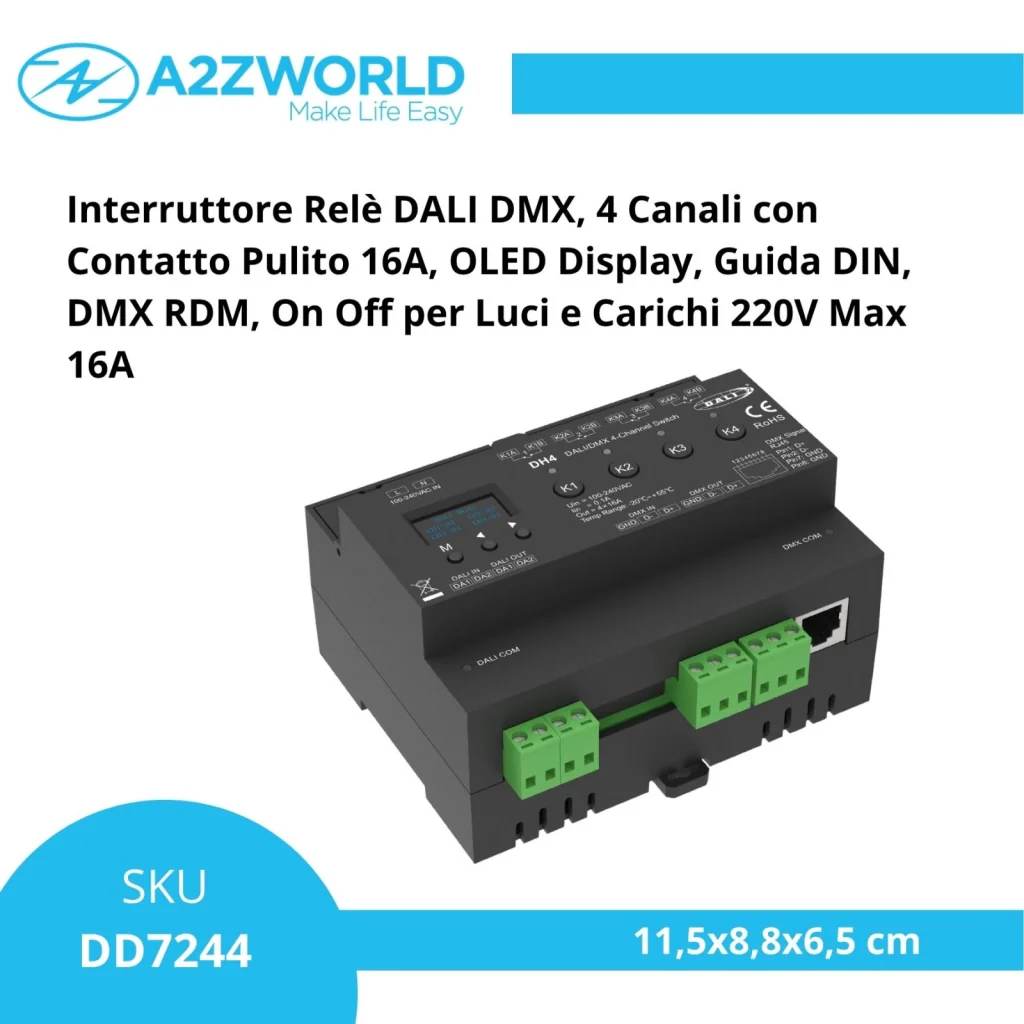 Interruttore Relè DALI DMX, 4 Canali con Contatto Pulito 16A, OLED Display, Guida DIN, DMX RDM, On Off per Luci e Carichi 220V Max 16A - Image 2