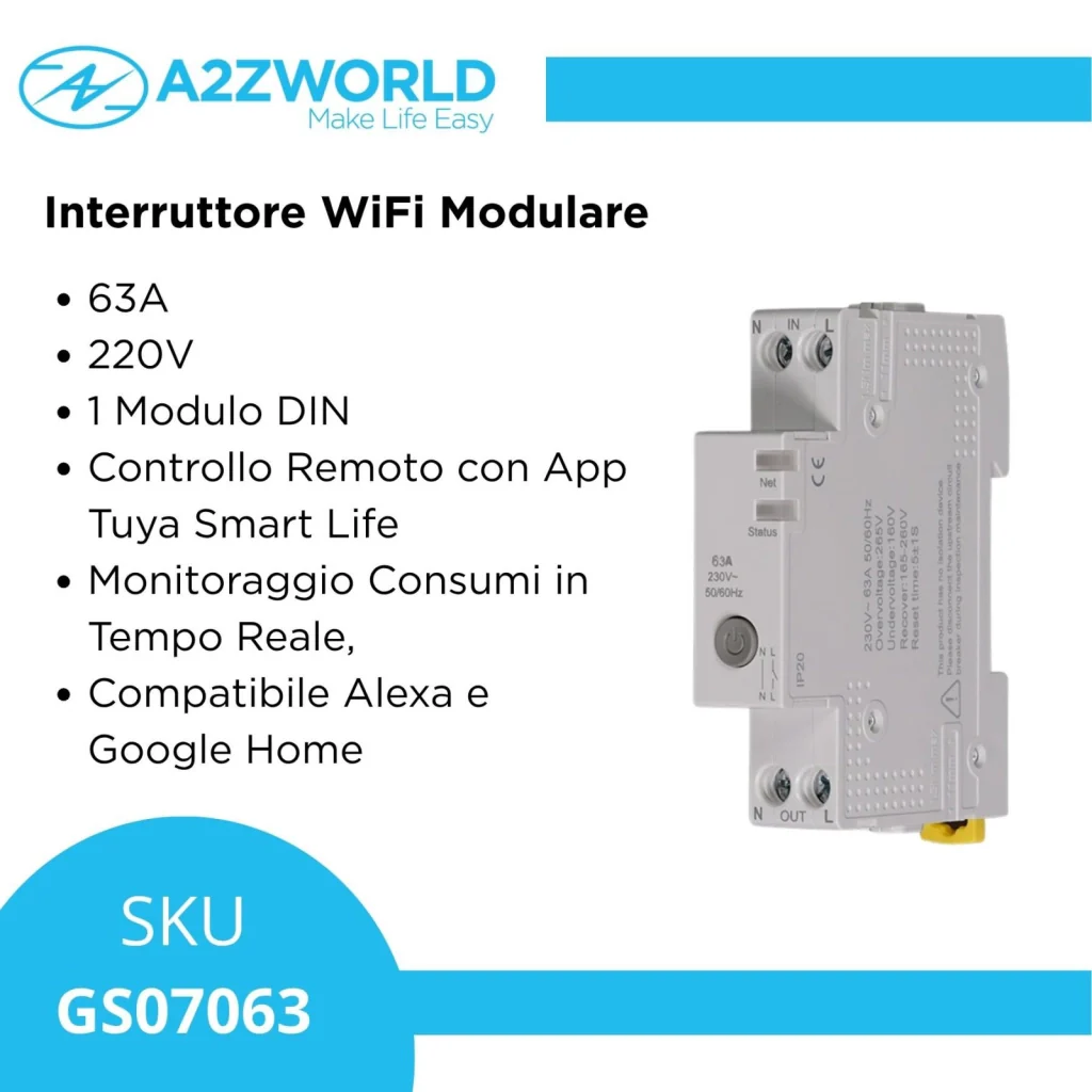 Interruttore WiFi Modulare 63A 220V, 1 Modulo DIN, Memoria, Controllo Remoto con App Tuya Smart Life, Monitoraggio Consumi in Tempo Reale, Compatibile Alexa e Google Home - Image 2
