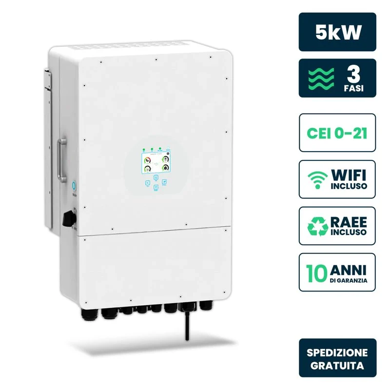 Inverter Fotovoltaico Trifase, Ibrido On-Grid/Off-Grid, Certificato CEI 0-21, Schermo LCD Touch a Colori, Smart Meter Integrato, WiFi e TA Inclusi, Garanzia 10 Anni, IP65 (5KW) - Image 2