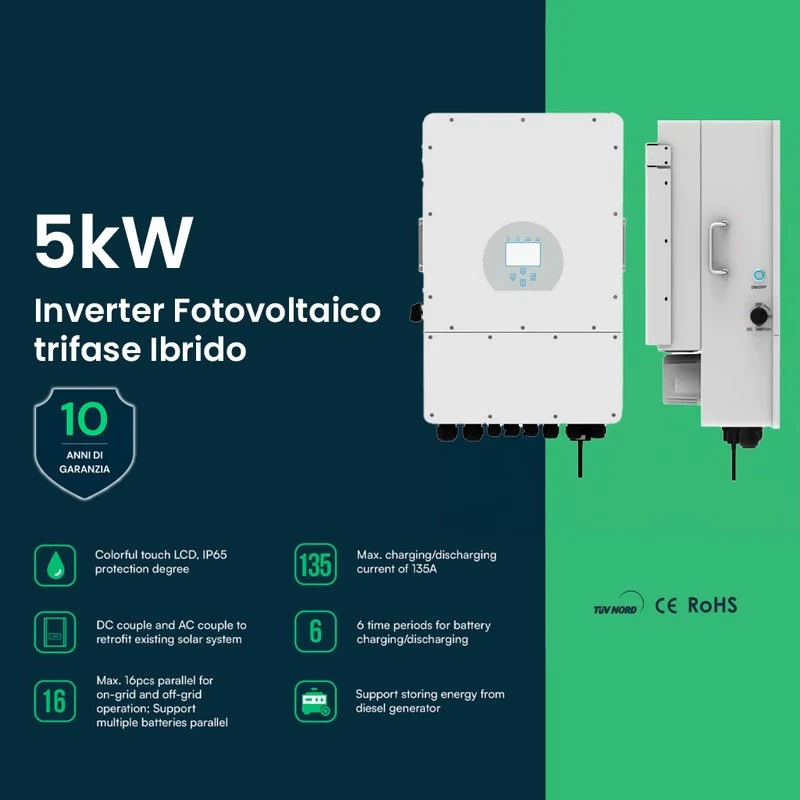 Inverter Fotovoltaico Trifase, Ibrido On-Grid/Off-Grid, Certificato CEI 0-21, Schermo LCD Touch a Colori, Smart Meter Integrato, WiFi e TA Inclusi, Garanzia 10 Anni, IP65 (5KW) - Image 4