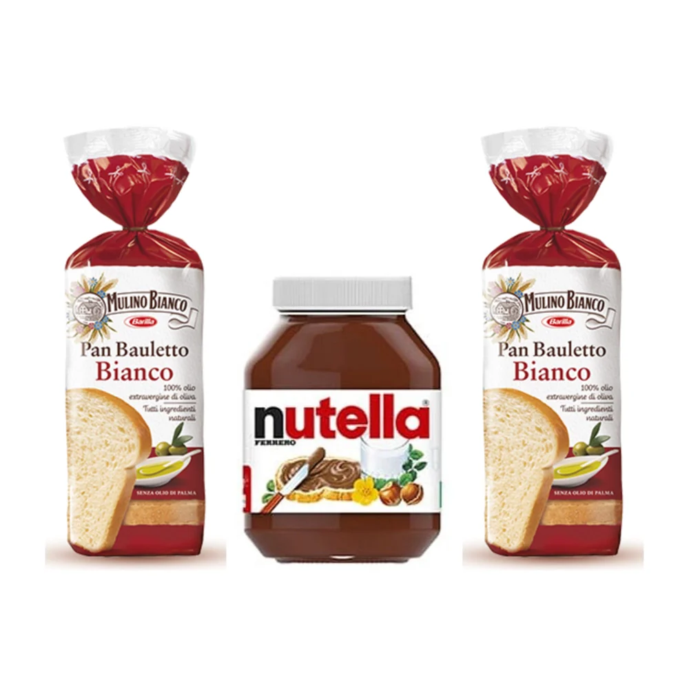 Kit da 2 confezioni di mulino bianco pan bauletto bianco da 400 grammi ognuno e barattolo nutella da 950 grammi