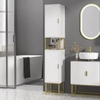 kleankin Colonna Bagno con 2 Armadietti e Ripiano in MDF e Acciaio, 30x30x170.7cm, Bianco e Oro - Image 2