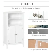 kleankin Mobile Bagno con Mensole Regolabili e Armadietto 2 Ante, Mobiletto Bagno Multiuso in Legno, Bianco, 50x30x93cm - Image 6