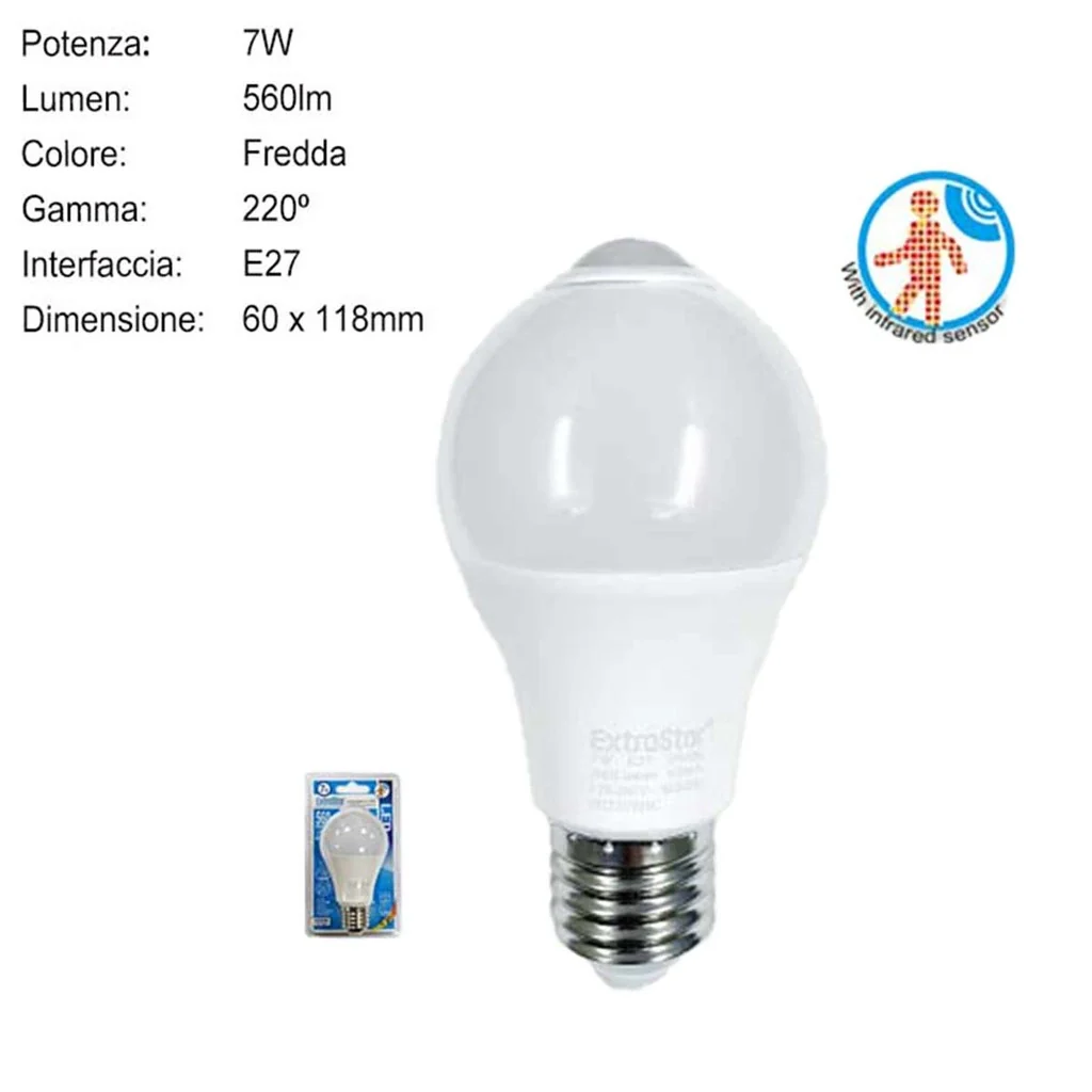 Lampada A Led E27 Con Sensore Movimento Infrarossi 7W 560 Lumen A60 6500K - Image 2