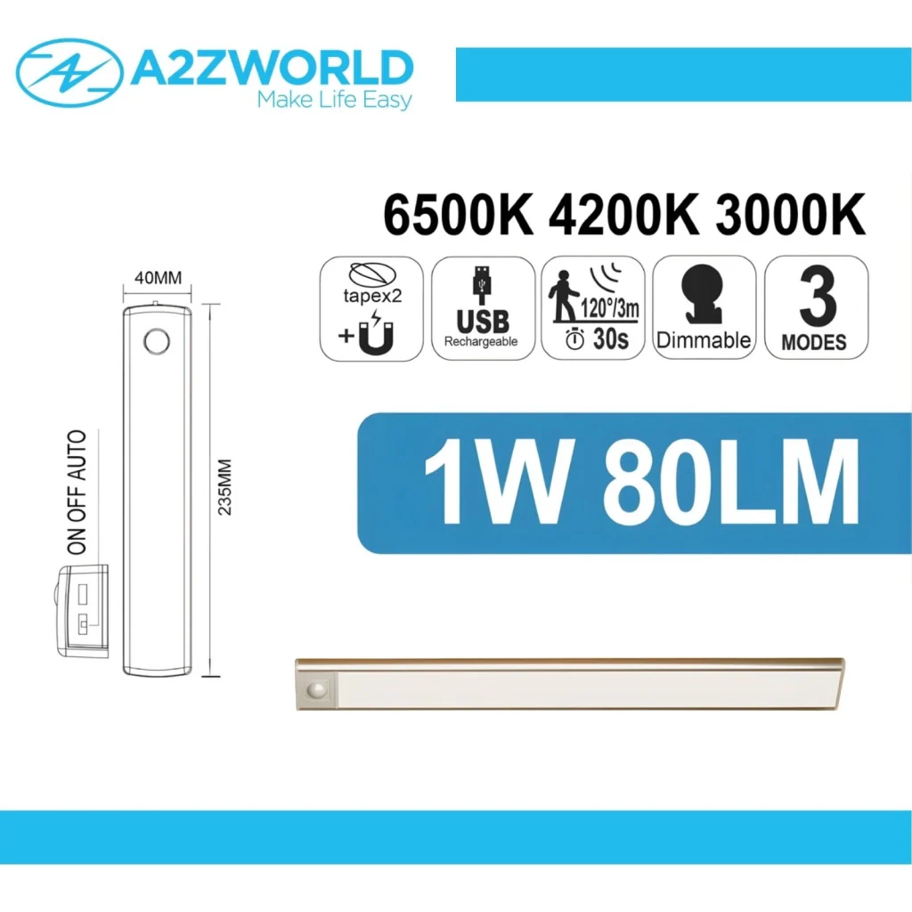 Lampada Barra LED con Sensore di Movimento 1W 80lm 235X40X8mm CCT Dimmerabile 3 Modalità, Batteria Ricaricabile USB 5V 1A, con Calamita, Slim per Armadi e Mobili, Sotto Pensile, Anche In Auto Camper - Image 3