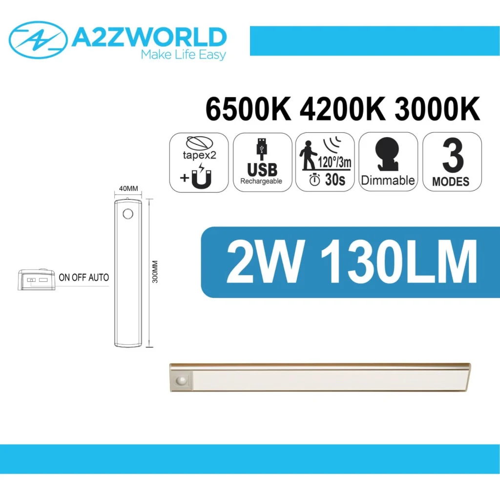 Lampada Barra LED con Sensore di Movimento 2W 130lm 300X40X8mm CCT Dimmerabile 3 Modalità, Batteria Ricaricabile USB 5V 1A, con Calamita, Slim per Armadi e Mobili, Sotto Pensile, Anche In Auto Camper - Image 3