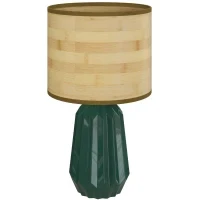 Lampada da Tavolo con Base in Ceramica e Paralume in Lino Stile Retrò 40W Verde e Legno Naturale