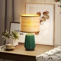Lampada da Tavolo con Base in Ceramica e Paralume in Lino Stile Retrò 40W Verde e Legno Naturale - Image 2