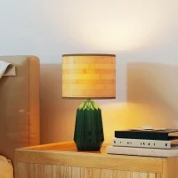 Lampada da Tavolo con Base in Ceramica e Paralume in Lino Stile Retrò 40W Verde e Legno Naturale - Image 4