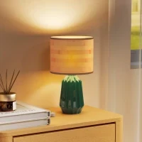 Lampada da Tavolo con Base in Ceramica e Paralume in Lino Stile Retrò 40W Verde e Legno Naturale - Image 5