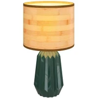 Lampada da Tavolo con Base in Ceramica e Paralume in Lino Stile Retrò 40W Verde e Legno Naturale - Image 7