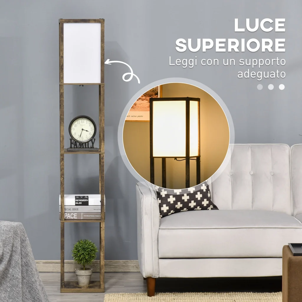Lampada da Terra Attacco E27 Potenza 40W con Mensole in MDF Colore Legno - Image 5
