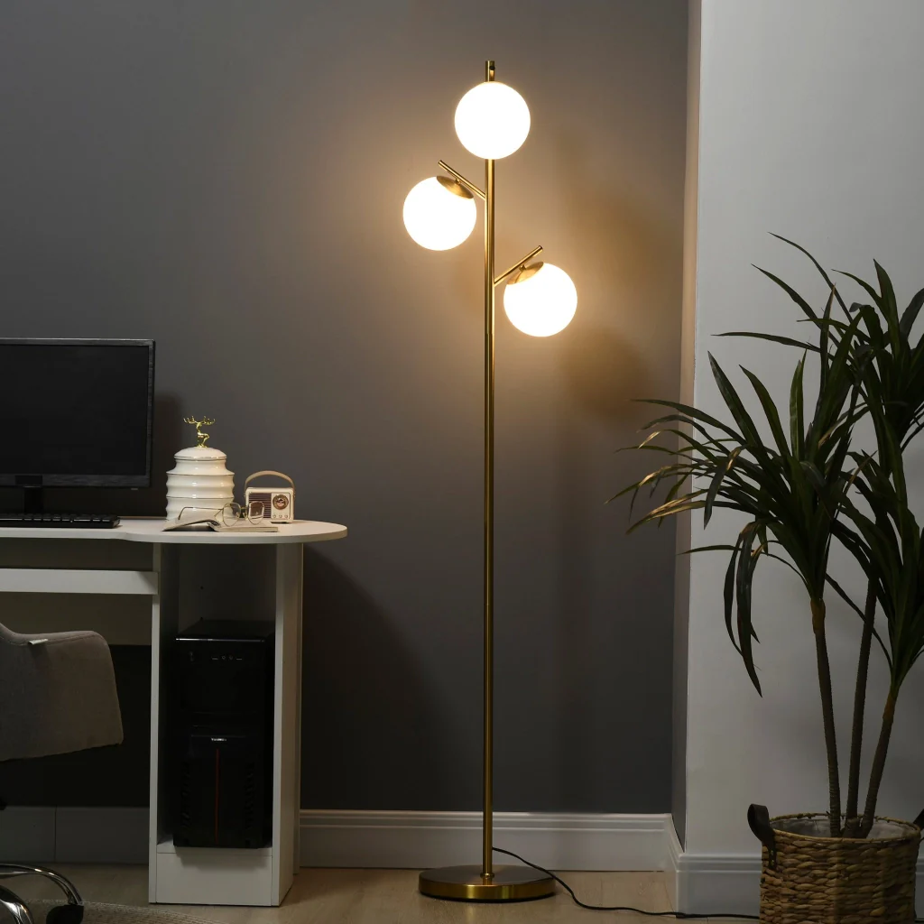 Lampada da Terra Moderna Ø27x159 cm con 3 Punti Luce in Acciaio e Vetro Oro - Image 2