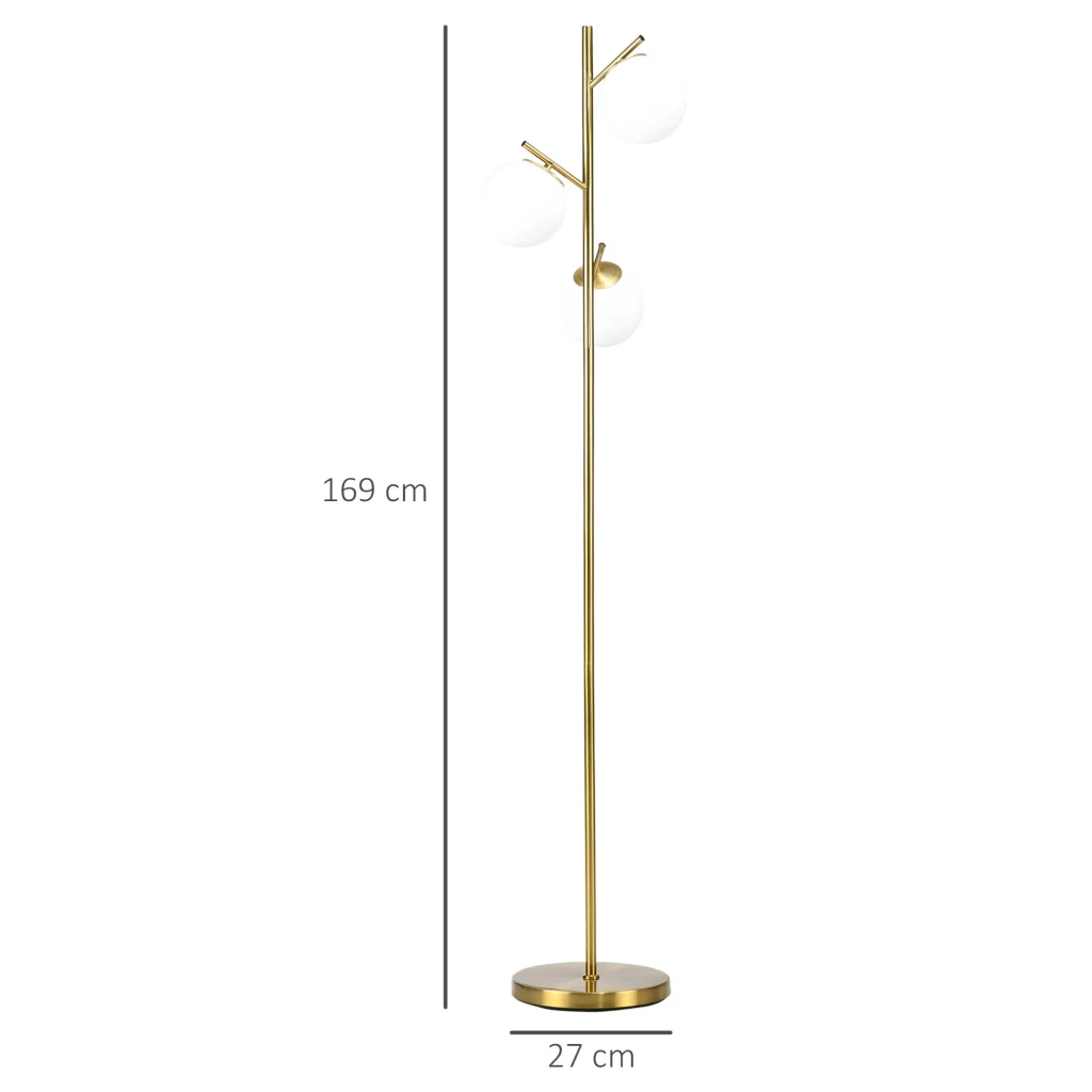 Lampada da Terra Moderna Ø27x159 cm con 3 Punti Luce in Acciaio e Vetro Oro - Image 3
