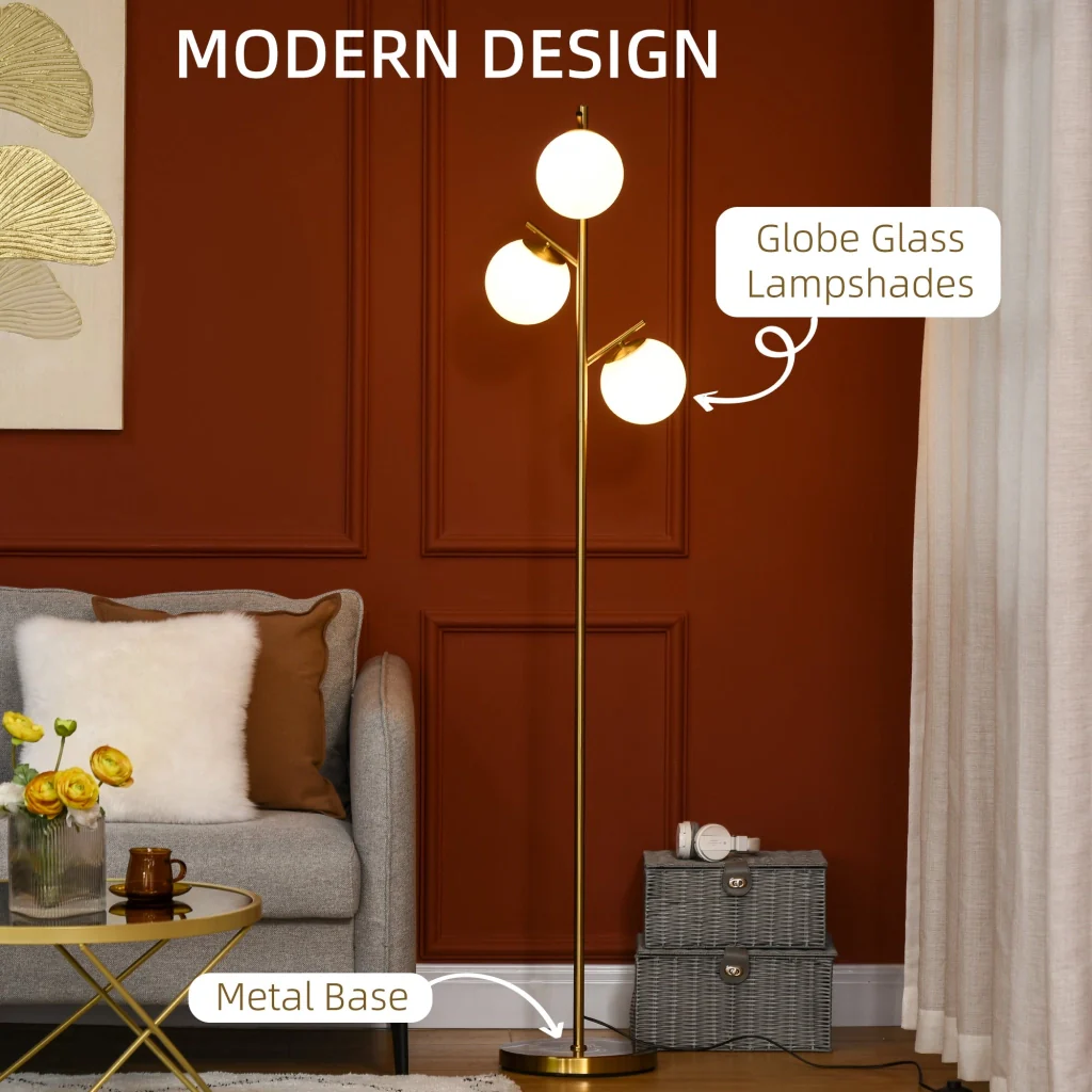 Lampada da Terra Moderna Ø27x159 cm con 3 Punti Luce in Acciaio e Vetro Oro - Image 4
