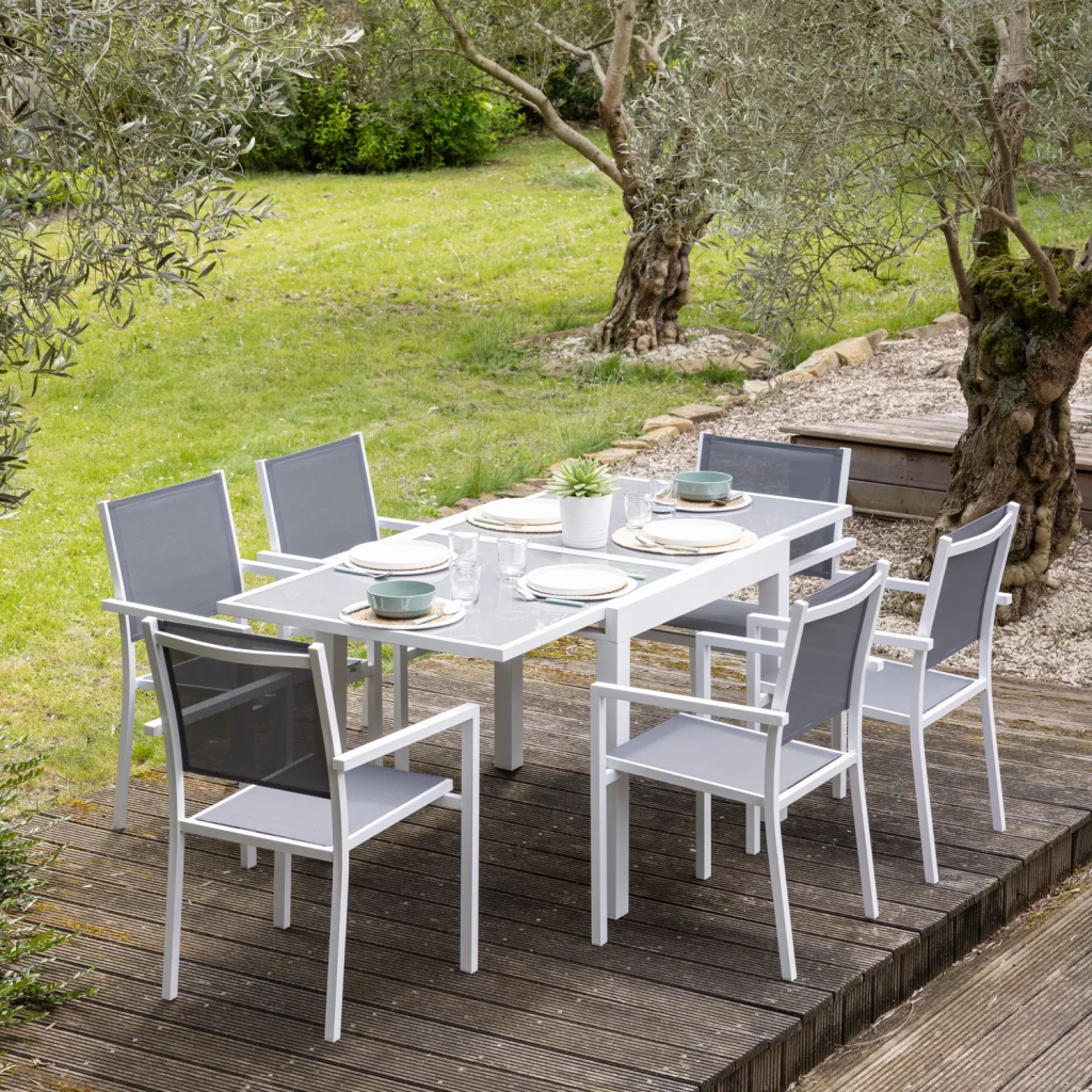 LAMPEDUSASet di mobili da giardino allungabili in textilene grigio 8 posti - alluminio bianco - Image 2