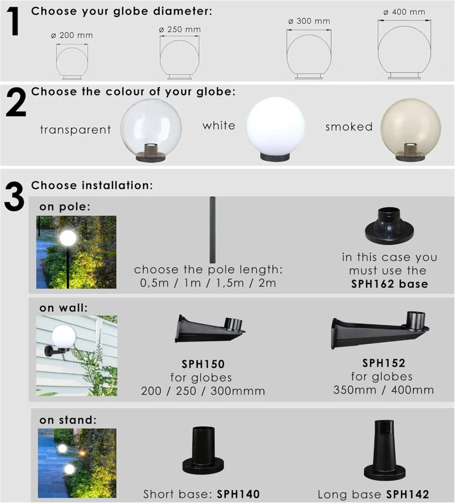 LANTERNA TESTA-PALO 'GLOBO' SFERA TRASPARENTE Ø cm.20 LAMPIONE PER ESTERNO IMPERMEABILE VELAMP - Image 5
