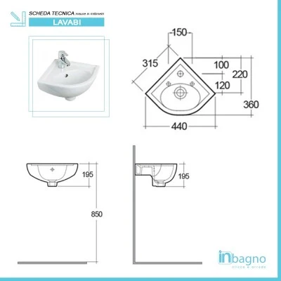 Lavabo angolare sospeso 44x36 cm salvaspazio in ceramica bianca lucida - Image 3