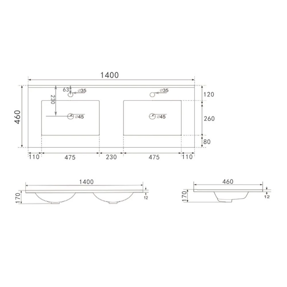 Lavabo da appoggio 385983 in ceramica due vasche 140x46 cm colore bianco lucido
