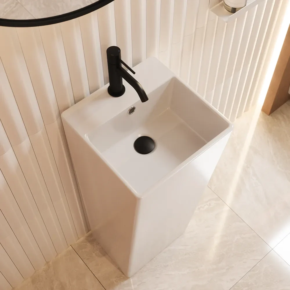 Lavabo freestanding 33x33cm in ceramica bianco lucido con troppopieno | Levante - Image 3