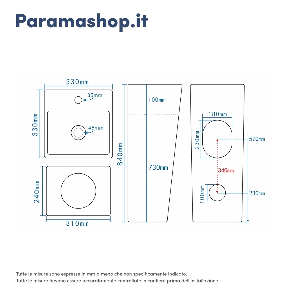 Lavabo freestanding 33x33cm in ceramica bianco lucido con troppopieno | Levante - Image 6