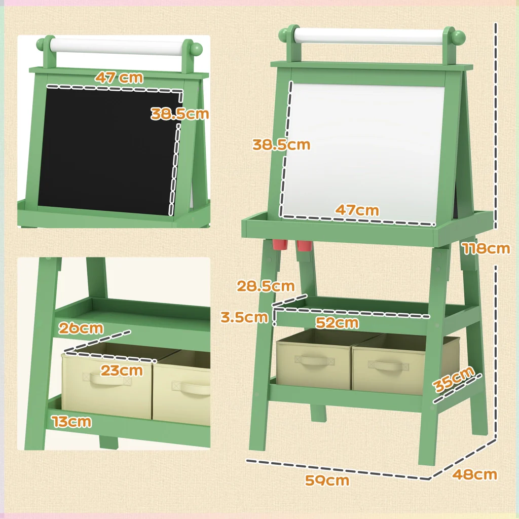 Lavagna per Bambini 59x48x118 cm a Gesso Magnetica e Rotolo di Carta in Legno Verde - Image 3