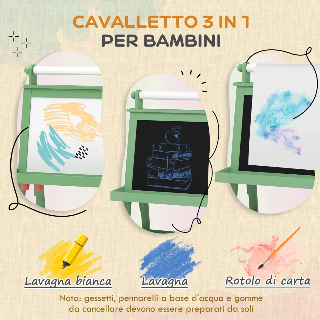 Lavagna per Bambini 59x48x118 cm a Gesso Magnetica e Rotolo di Carta in Legno Verde - Image 4