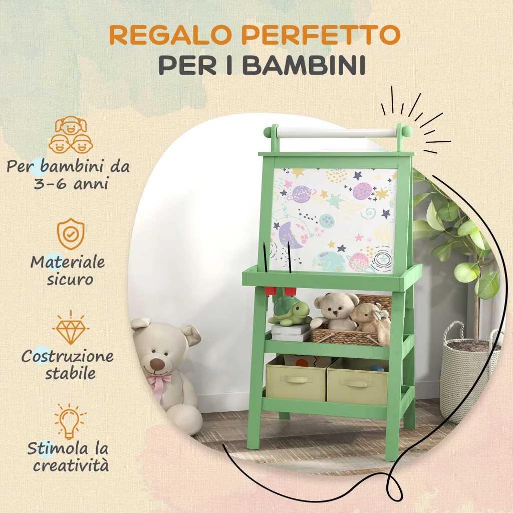 Lavagna per Bambini 59x48x118 cm a Gesso Magnetica e Rotolo di Carta in Legno Verde - Image 6